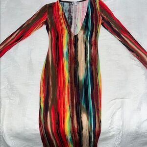 Fashion Nova Red and Yellow Long Sleeve Plunge Bodycon Dress